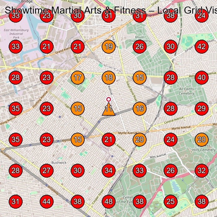 Showtime Martial Arts & Fitness GeoGrid visibility map for Physical Fitness Program in 422 Central Ave